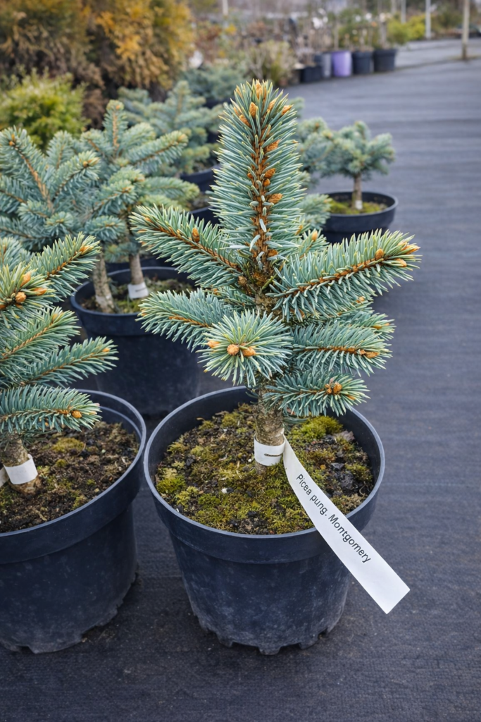 Poogitud hõbekuusk Montgomery (Picea pungens) kompaktne sinikuusk poti